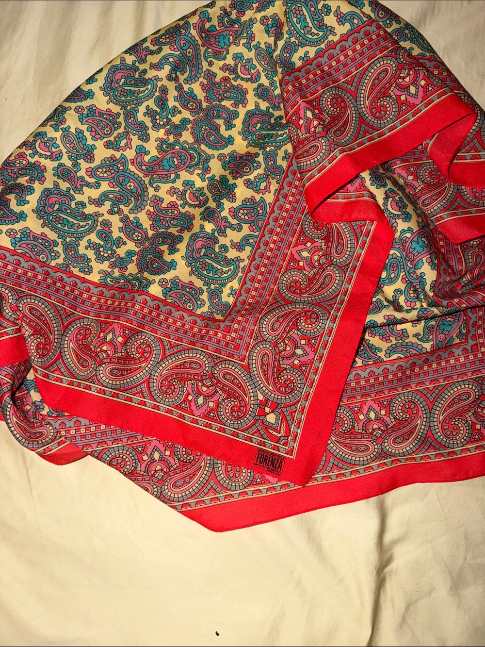 Forenza Cream Scarf with Red Paisley Border and Teal Accents